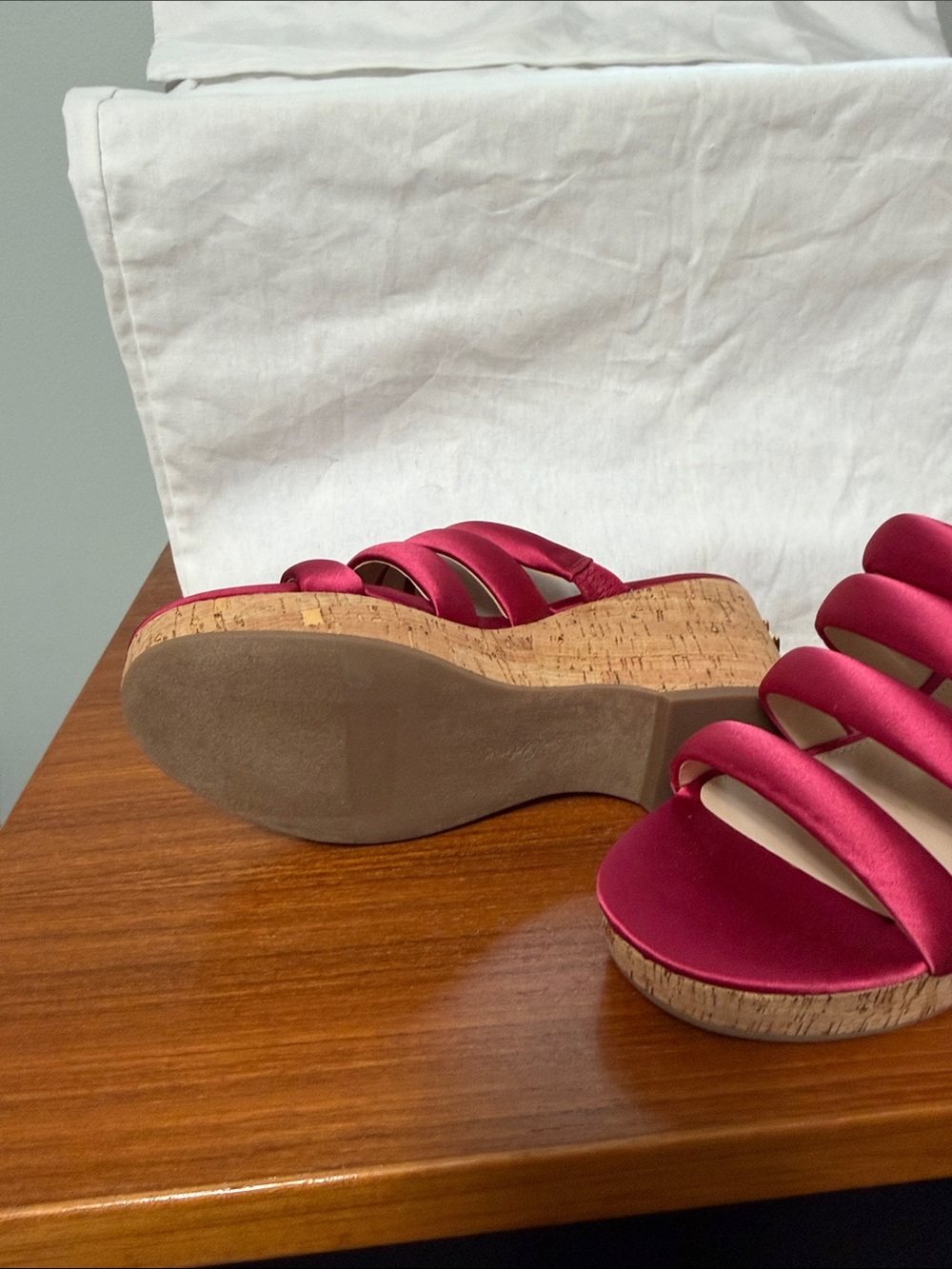 Sam Edelman raspberry Satin Multi-Strap Cork Wedge Sandals - Picture 3 of 5